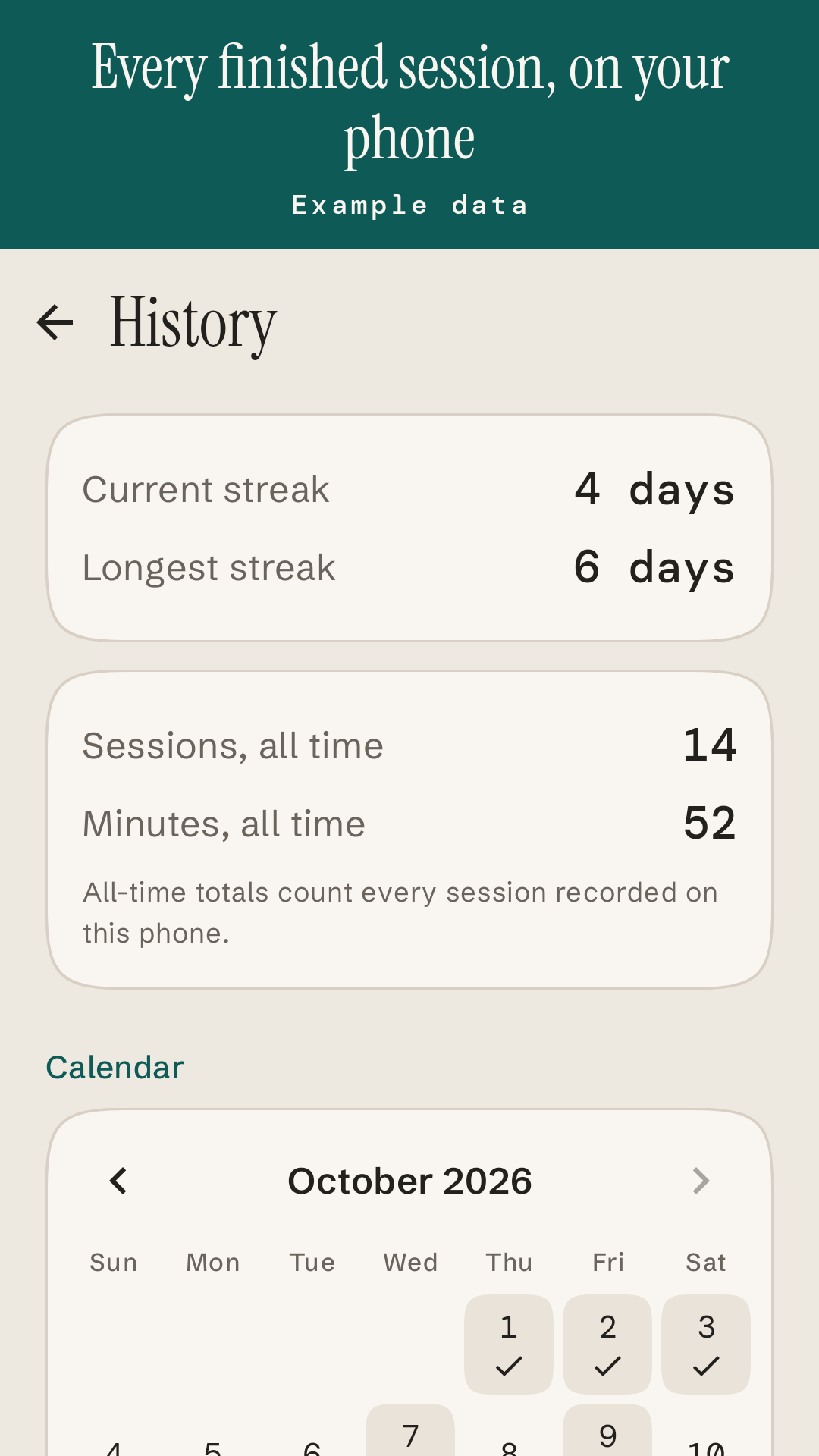 History with streak, sessions and a month calendar, example data